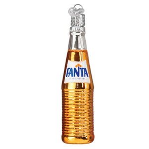 Golden fanta bottle ornament with silver cap and label perfect figural decor or beer float ornament for collectors