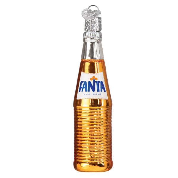 Golden fanta bottle ornament with silver cap and label perfect figural decor or beer float ornament for collectors