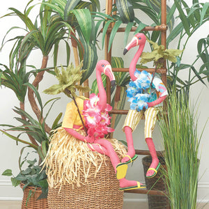 Two pink farrah flamingo figural decor wearing tropical outfits perfect as fun tree toppers or summer accents