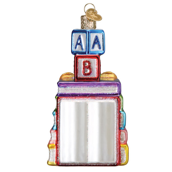 Colorful glass favorite childrens books ornament with blue and red alphabet blocks is perfect figural decor for book club ornament