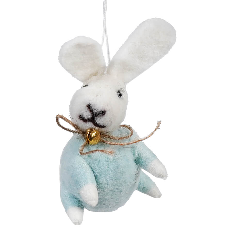 White felt bunny ornament wearing a light blue outfit with a twine bow and bell.