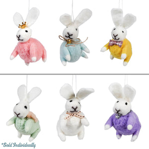 Six adorable plush bunnies wearing colorful sweaters and tiny bow accessories.