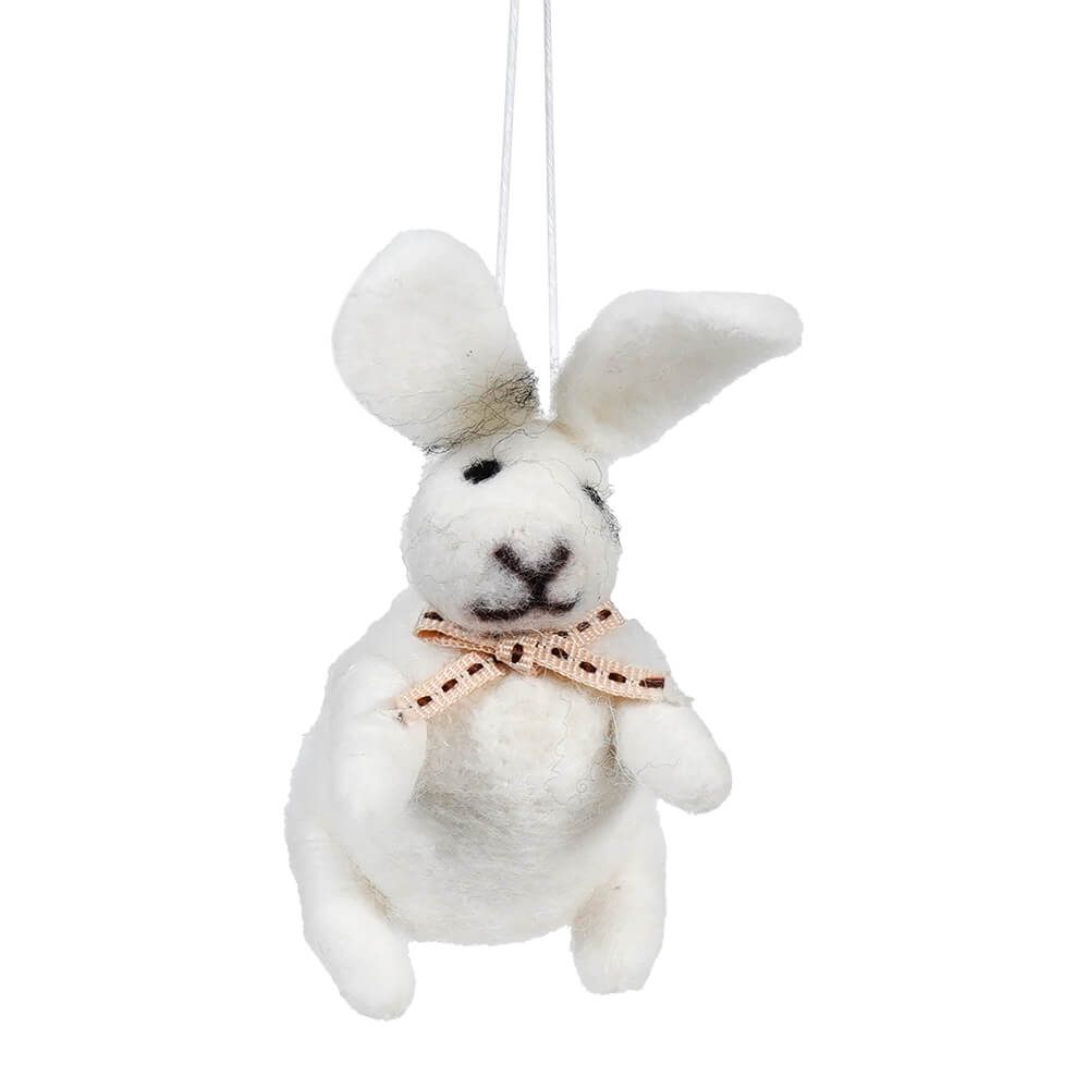 White felt bunny ornament wearing a polka dot bow ribbon.