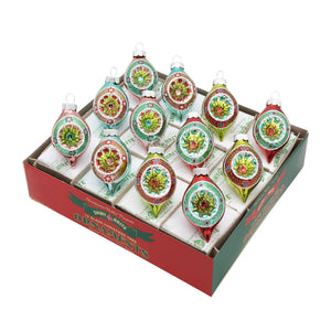 Vibrant hand-painted glass reflector tulip ornaments set in red teal and green with intricate floral designs for festive decor