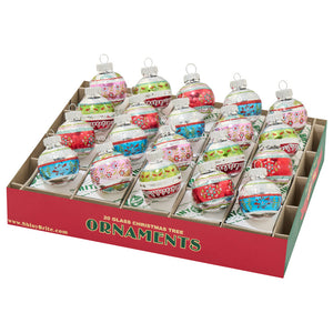 A set of 20 colorful glass festive fete decorated rounds with floral patterns in a red and green box