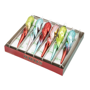 Set of six festive fete glittered glass icicle christmas ornaments in vibrant rainbow hues for holiday decor