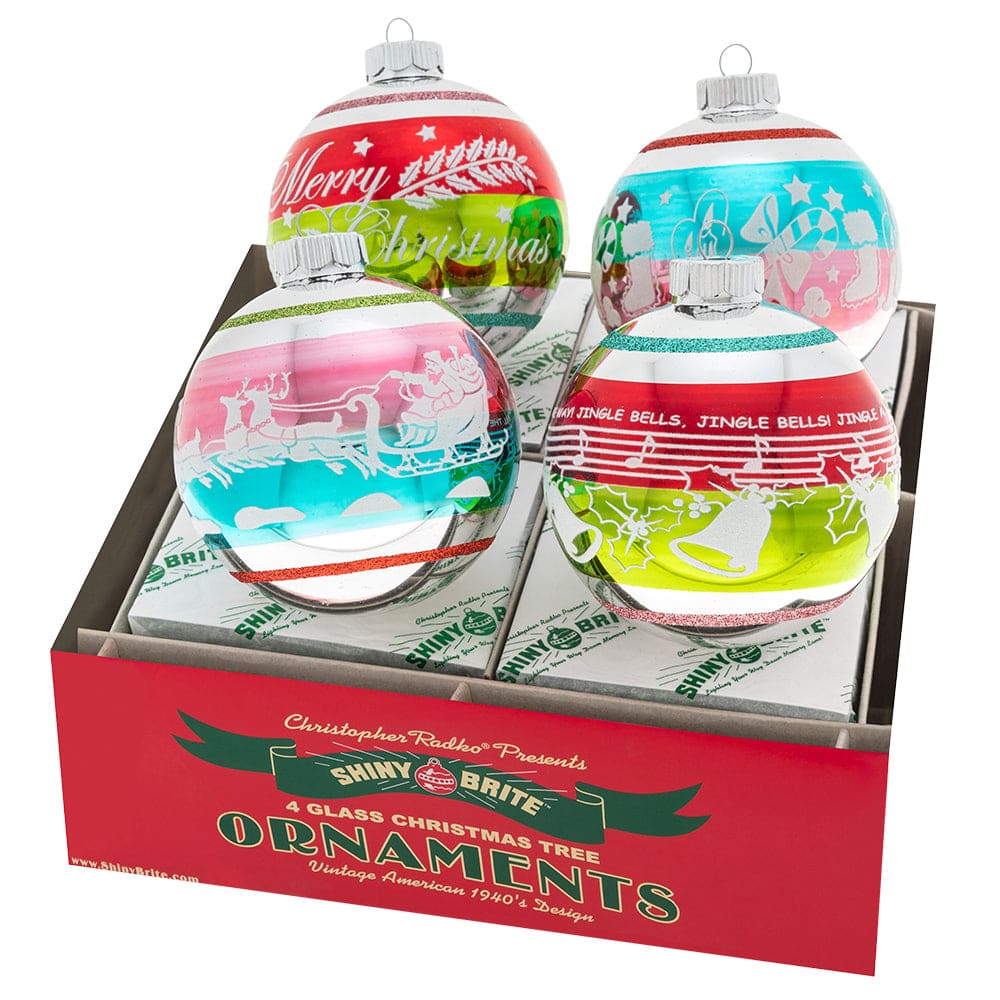 Festive Fete Signature Flocked Round Ornaments Set/4