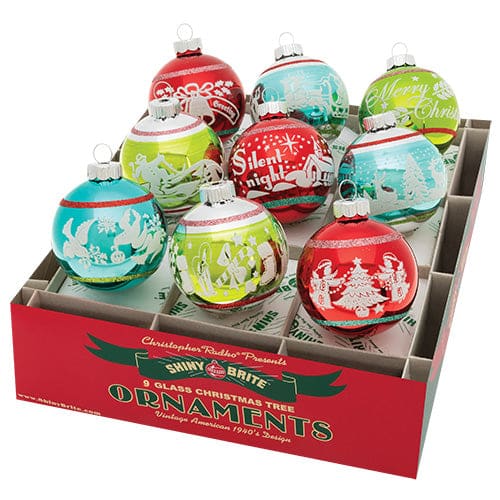 Festive Fete Signature Flocked Round Ornaments Set/9