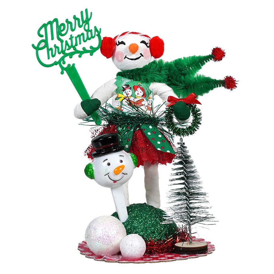 Festive Red & Green Spun Cotton Snow Woman Vignette