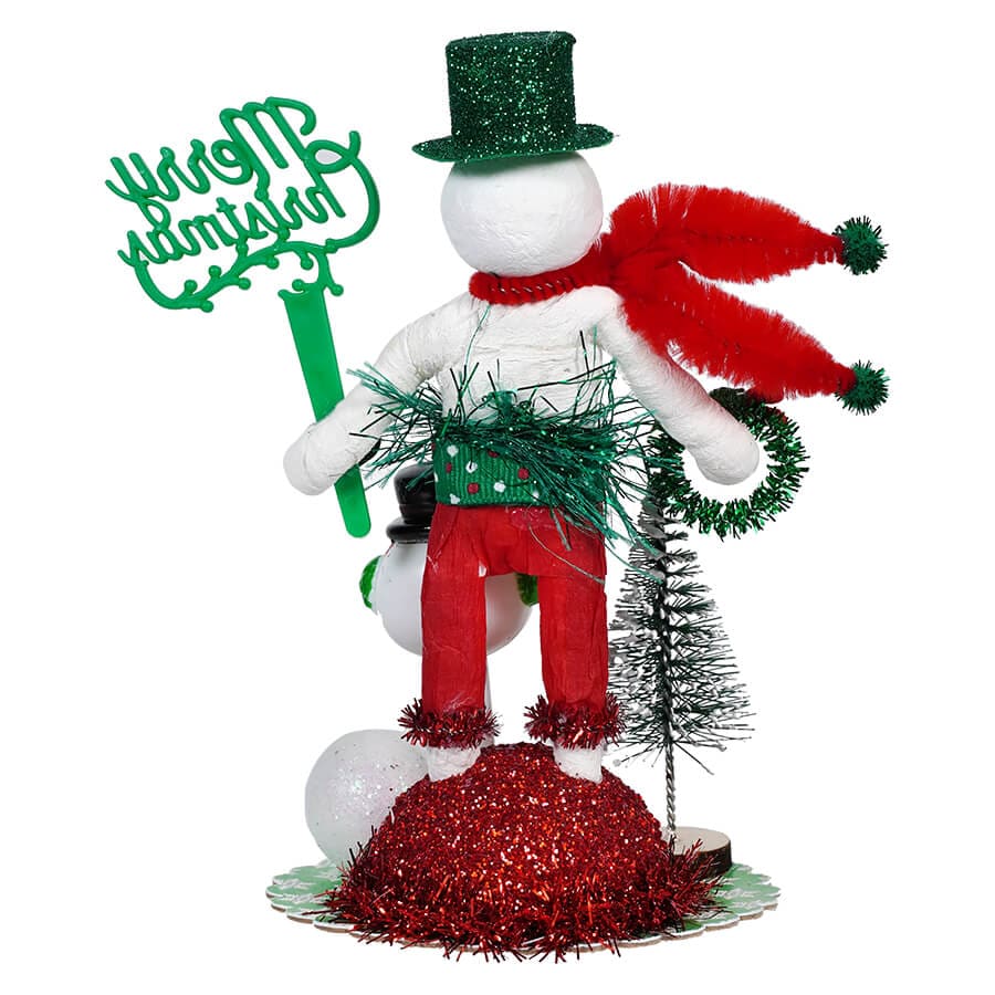 Festive Red & Green Spun Cotton Snowman Vignette