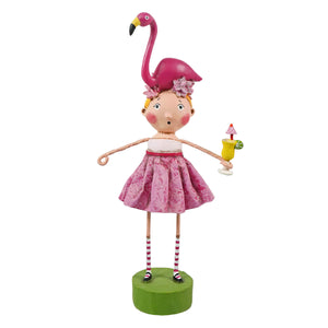 A whimsical lori mitchell fia flamingo figurine of a girl in a pink flamingo theme holding a tropical drink