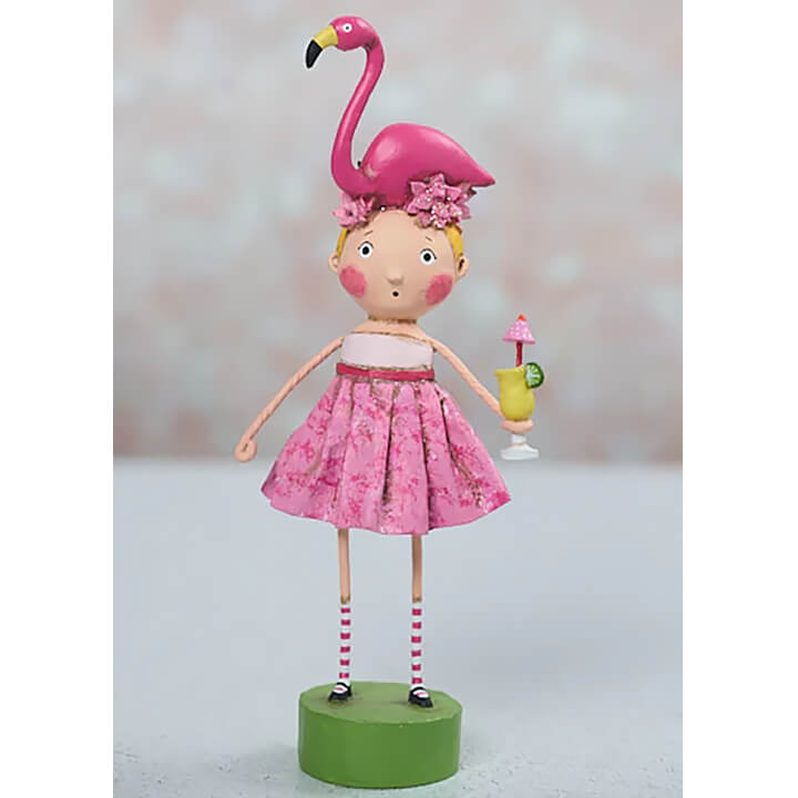 Fia flamingo lori mitchell figurine doll with floral headpiece pink patterned skirt and striped socks