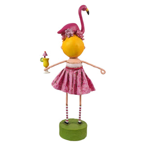 Whimsical lori mitchell fia flamingo figurine girl with yellow hair pink floral skirt and flamingo on head holding tropical drink
