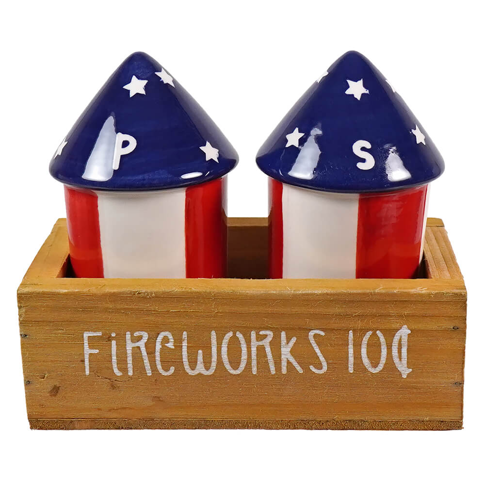 Fireworks with crate ceramic red white and blue rocket shaped pepper shakers set with star decals figural decor