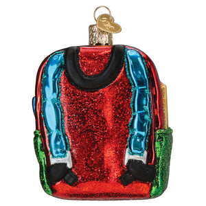 First day of school ornament red glitter backpack with blue straps green pockets and gold heart tag tabletop decor