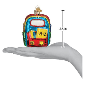 Colorful glass first day of school backpack ornament with rainbow trim smiling face star decals perfect for tabletop decor