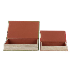 Two rustic book-shaped storage boxes with distressed wood grain and terracotta interiors from flakes of wisdom by dan dipaolo for christmas decorations ornaments
