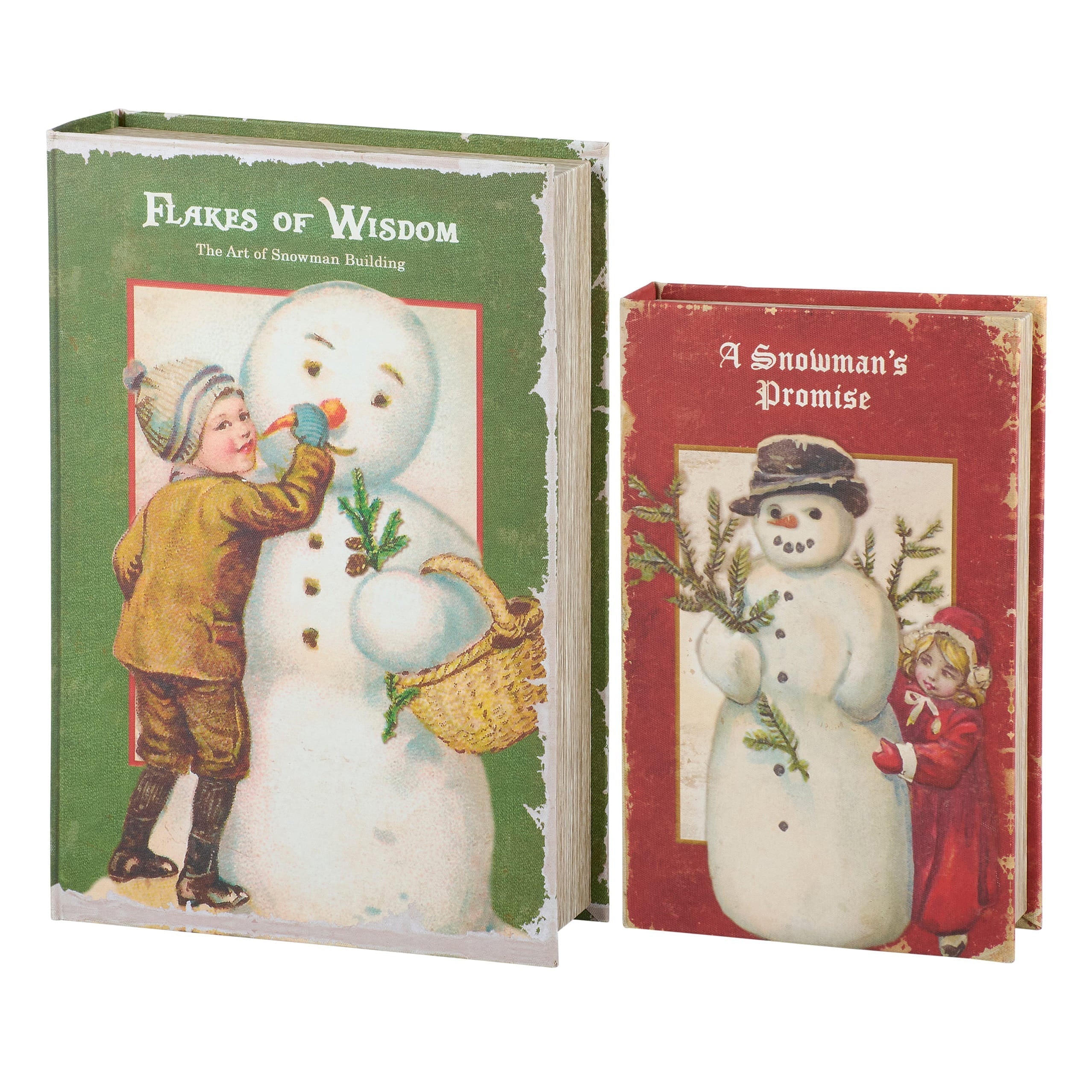 Two vintage-style decorative bookends with dan dipaolo snowmen covers green flakes of wisdom red a snowmans promise perfect christmas decorations & ornaments