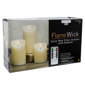 A set of 3 ivory LED pillar candles with remote control.