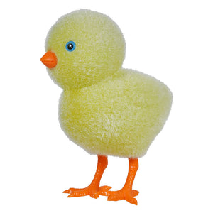 Yellow plush baby chick with orange feet and beak.