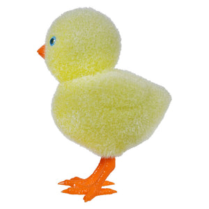 Yellow plush baby chick with orange feet and beak.
