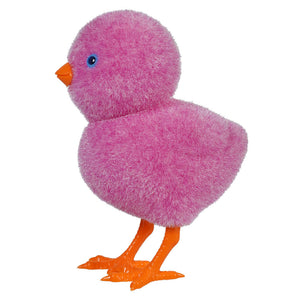 Pink plush toy chick with orange feet and beak.