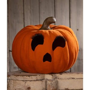 Flocked orange jol plush pumpkin by bethany lowe with black embroidered face and metallic stem tealight product number