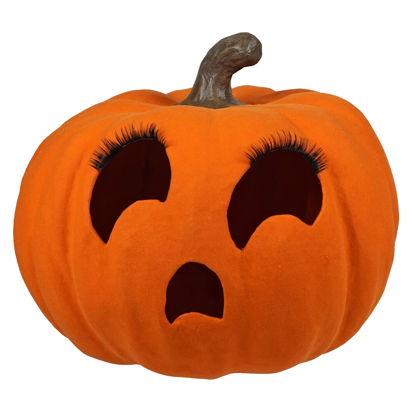 Orange plush flocked orange jol pumpkin by bethany lowe with black eyelash eyes and dark brown stem tealight product number