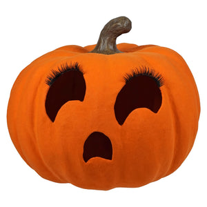 Orange plush flocked orange jol pumpkin by bethany lowe with black eyelash eyes and dark brown stem tealight product number