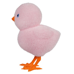 Pink plush chick with orange feet and beak.
