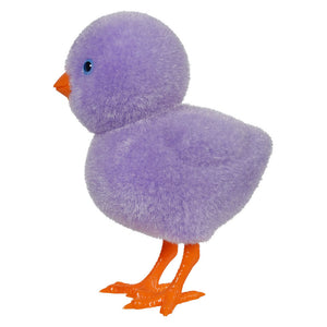 Purple plush chick with orange feet and beak.
