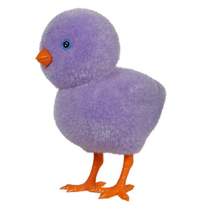 Purple plush chick with orange feet and beak.