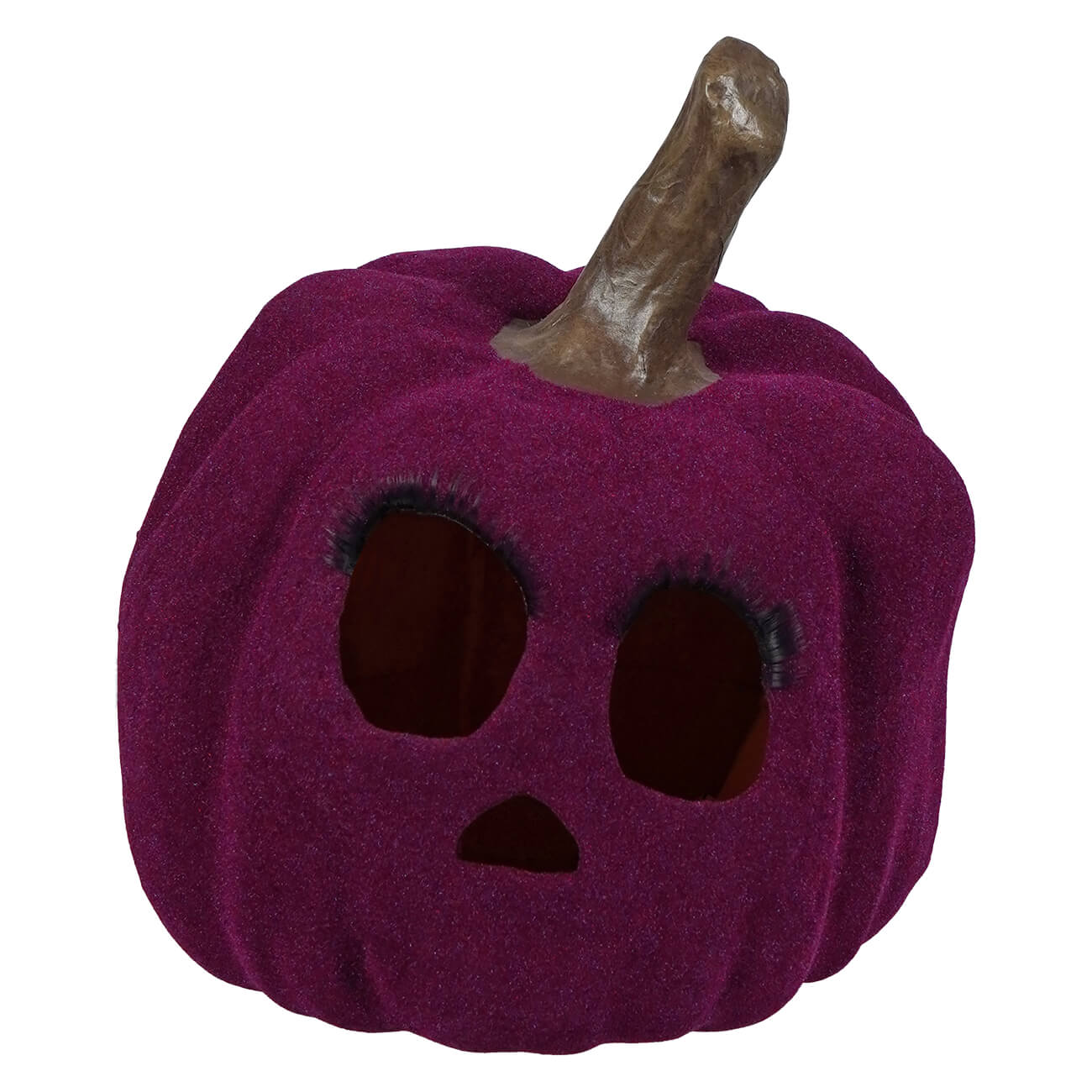 A plush deep purple flocked purple jol pumpkin with textured surface and black eyelashes by bethany lowe design