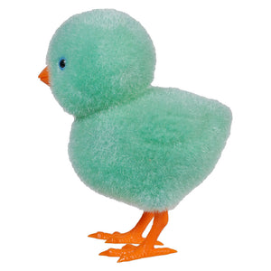 Mint green plush toy chick with orange feet and beak.