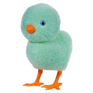 Mint green plush chick with orange feet and beak.