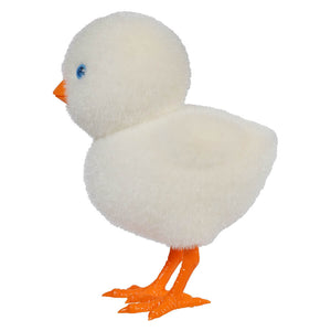 White plush duckling with orange feet and a small orange beak.