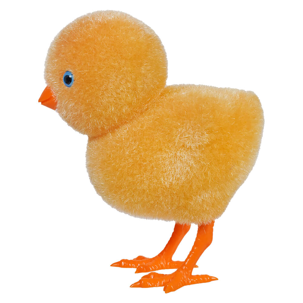 Yellow plush toy chick with orange feet and a small orange beak.