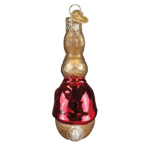 Flopsy ornament is a festive red and gold glass snowman ornament wearing a shiny red coat perfect for easter ornaments