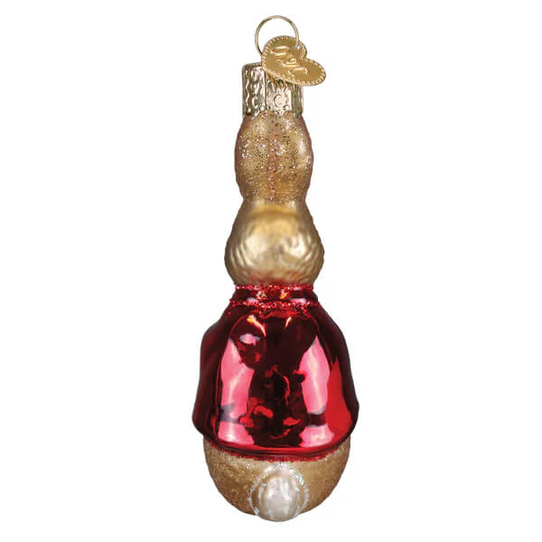 Flopsy ornament is a festive red and gold glass snowman ornament wearing a shiny red coat perfect for easter ornaments