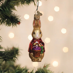 Flopsy ornament gold glass rabbit with red glitter coat holding purple basket hanging on christmas tree easter ornaments