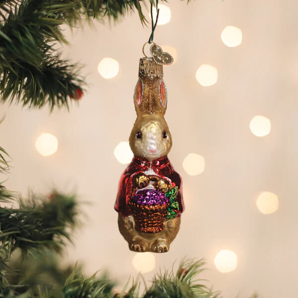 Flopsy ornament gold glass rabbit with red glitter coat holding purple basket hanging on christmas tree easter ornaments