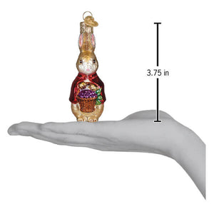 Flopsy ornament golden glass easter bunny in red velvet coat holding basket of purple eggs for easter ornaments