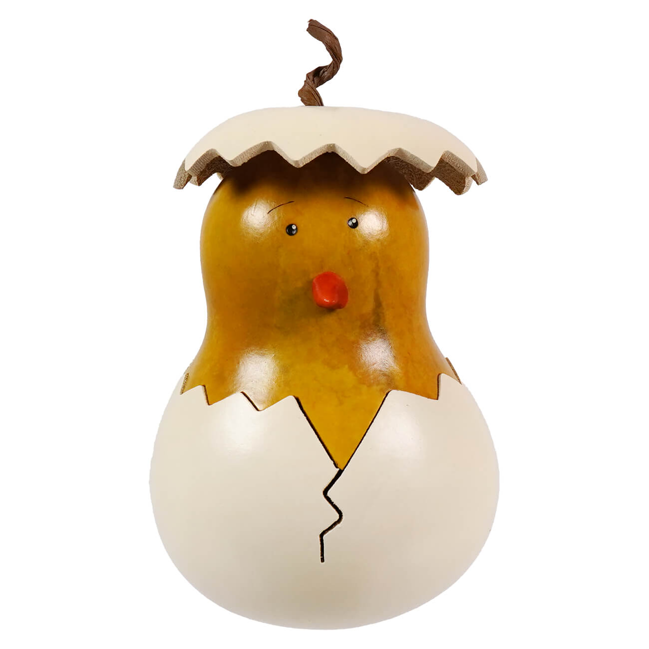 A charming hand-painted chick gourd with a glossy amber body and cracked white shell in flora hen design