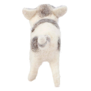 A soft white and gray felted wool cat critter with fluffy texture perfect for easter and spring tabletop decor