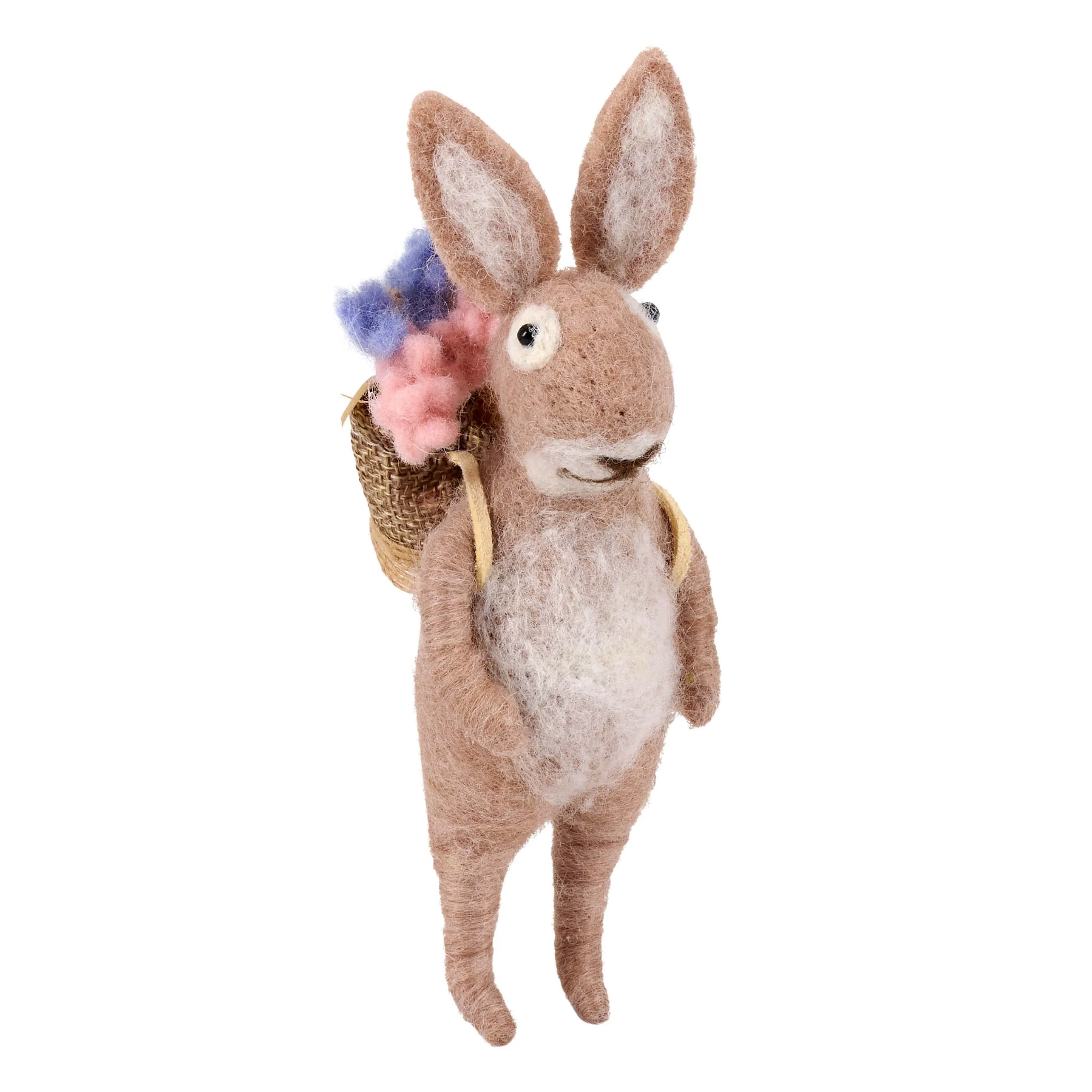 A charming brown felt rabbit flower basket critter with white belly carrying woven basket of pink and blue flowers