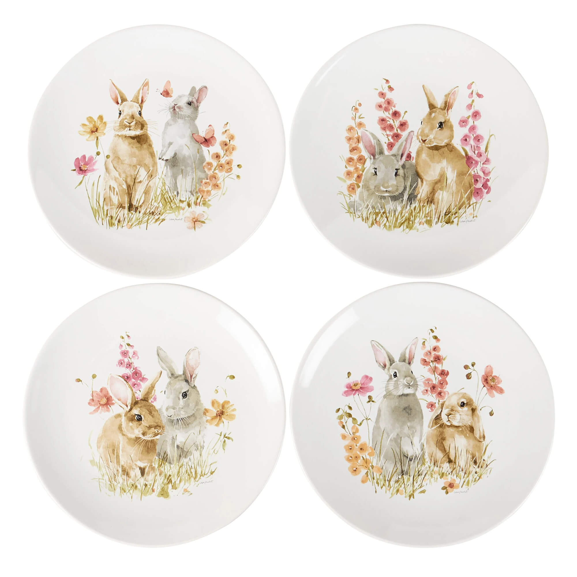 Set of four white flower bunnies stoneware plates with pastel bunny and flower illustrations by lisa audit