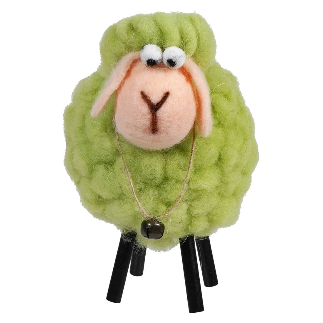 Cute plush sheep toy with lime green wool and black stick legs.