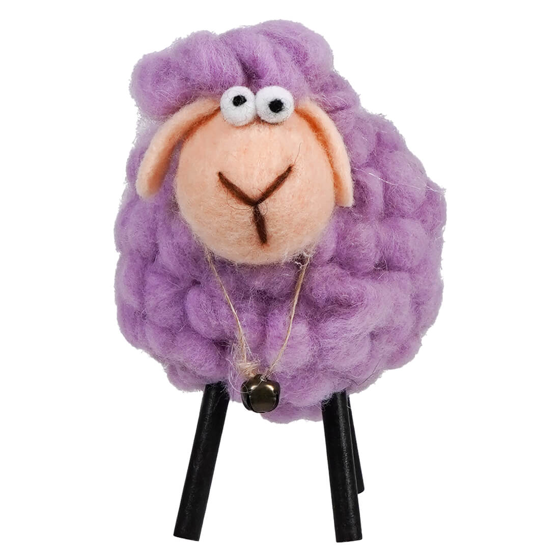 Purple wooly sheep figurine with googly eyes and black stick legs.
