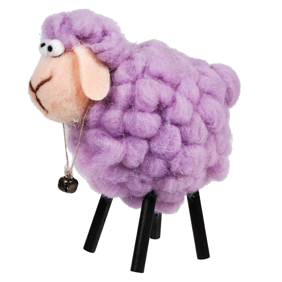 Purple plush sheep with black wooden legs and a small bell.