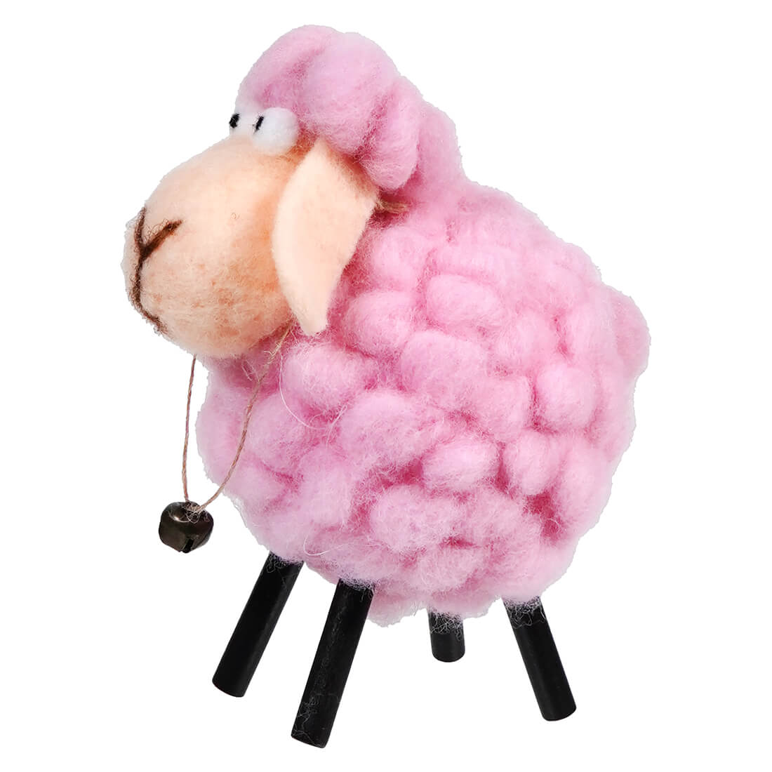 Pink plush sheep toy with black legs and a cute smiling face.